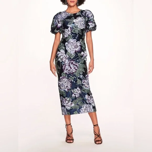 Marchesa Notte Floral Embroidered Puff Sleeve Sequin Midi Dress - Picture 5 of 11